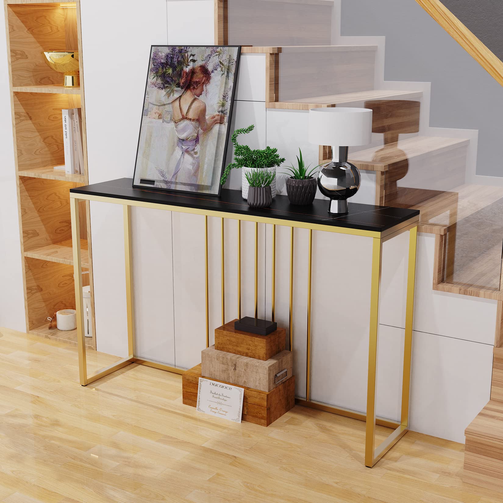 Sintered Stone Entryway Console Table: Black Marble Tabletop Long Table