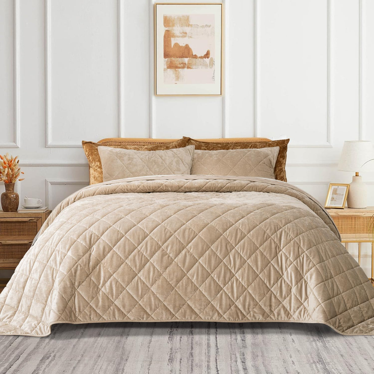 Luxury Crushed Velvet Quilt Set King Size, Diamond Quilted Lightweight Velvet Comforter,