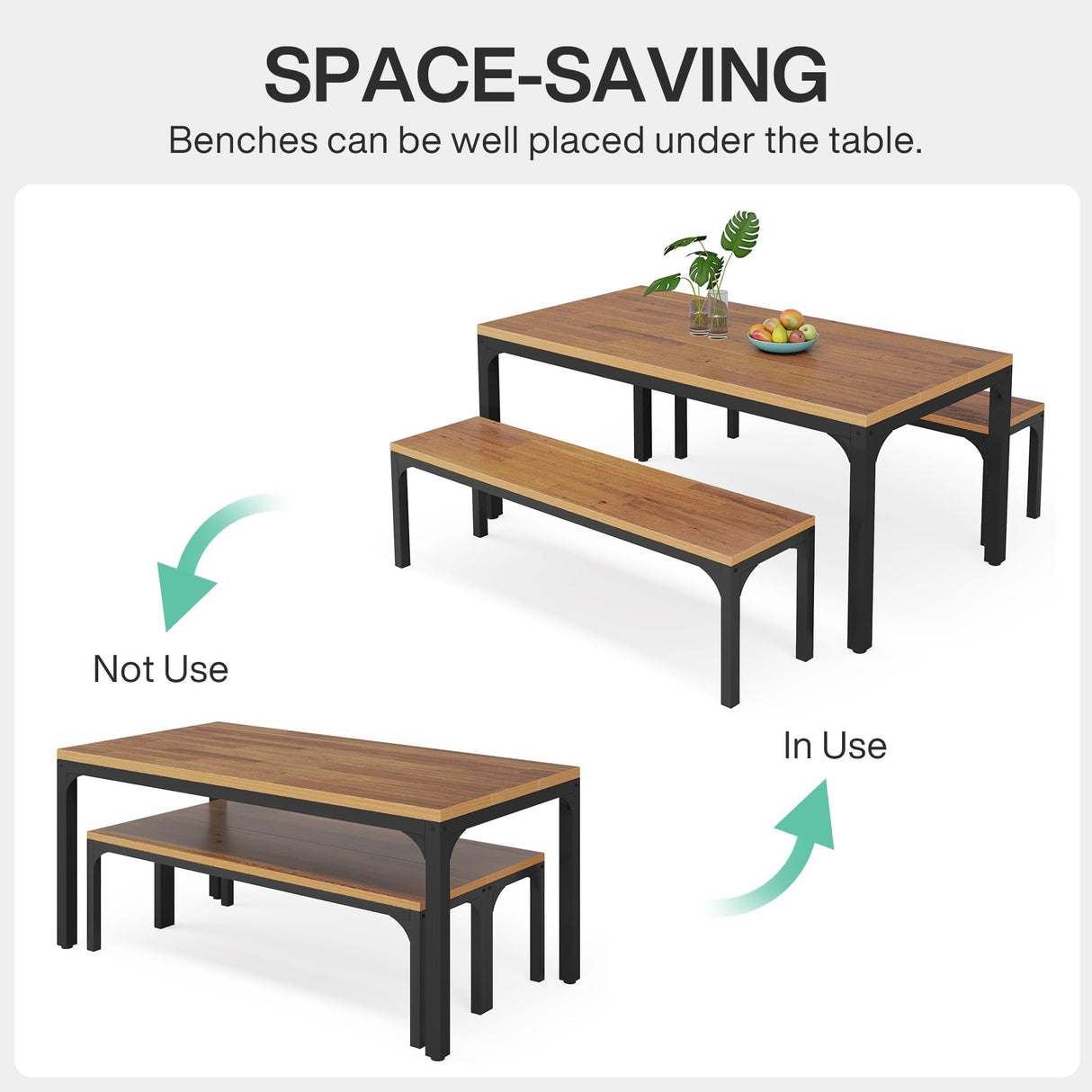 Dining Table Set for 6 People, 3 Pieces Rectangular Kitchen Table with 2 Benches,