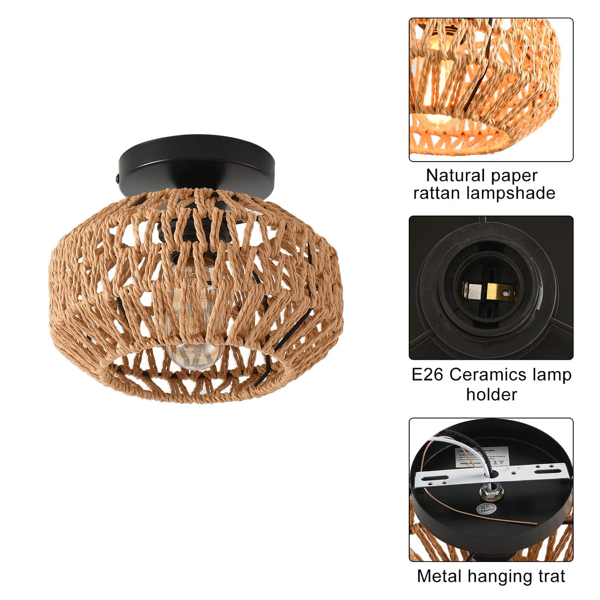 2 Pack Farmhouse Light Fixtures Ceiling Mount,Mini Rattan Boho Semi Flush Mount Ceiling