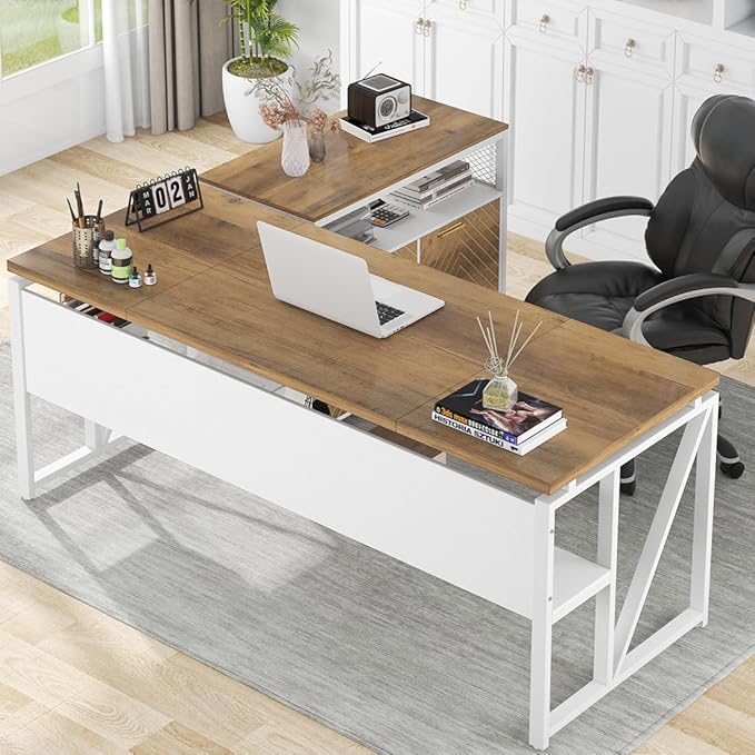 L Shaped Desk with Drawer Cabinet, 63" Executive Computer Desk and lateral File Cabinet