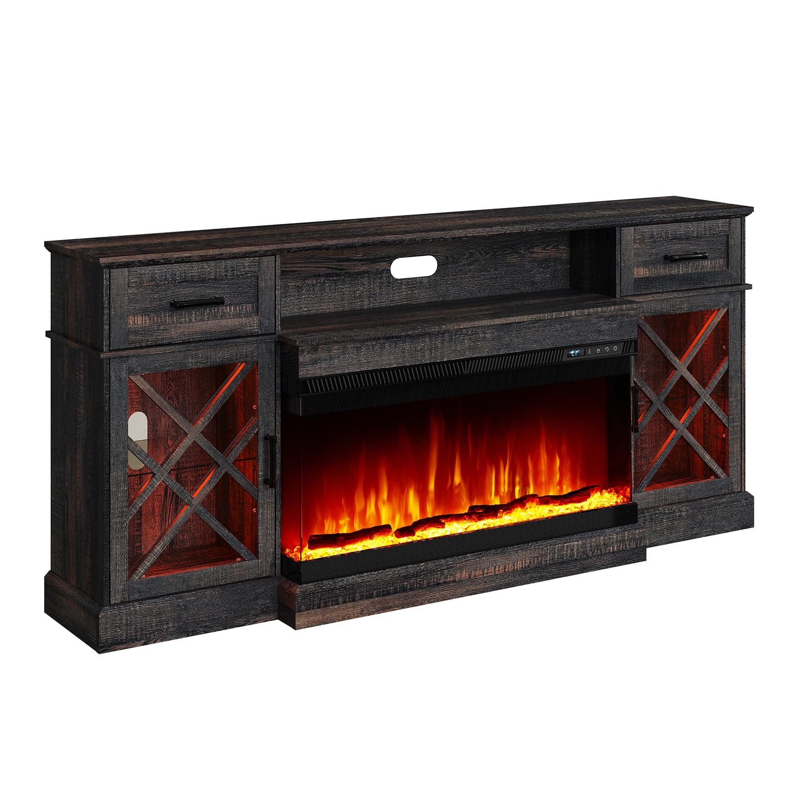 70" LED Fireplace TV Stand with Glass Doors - Black