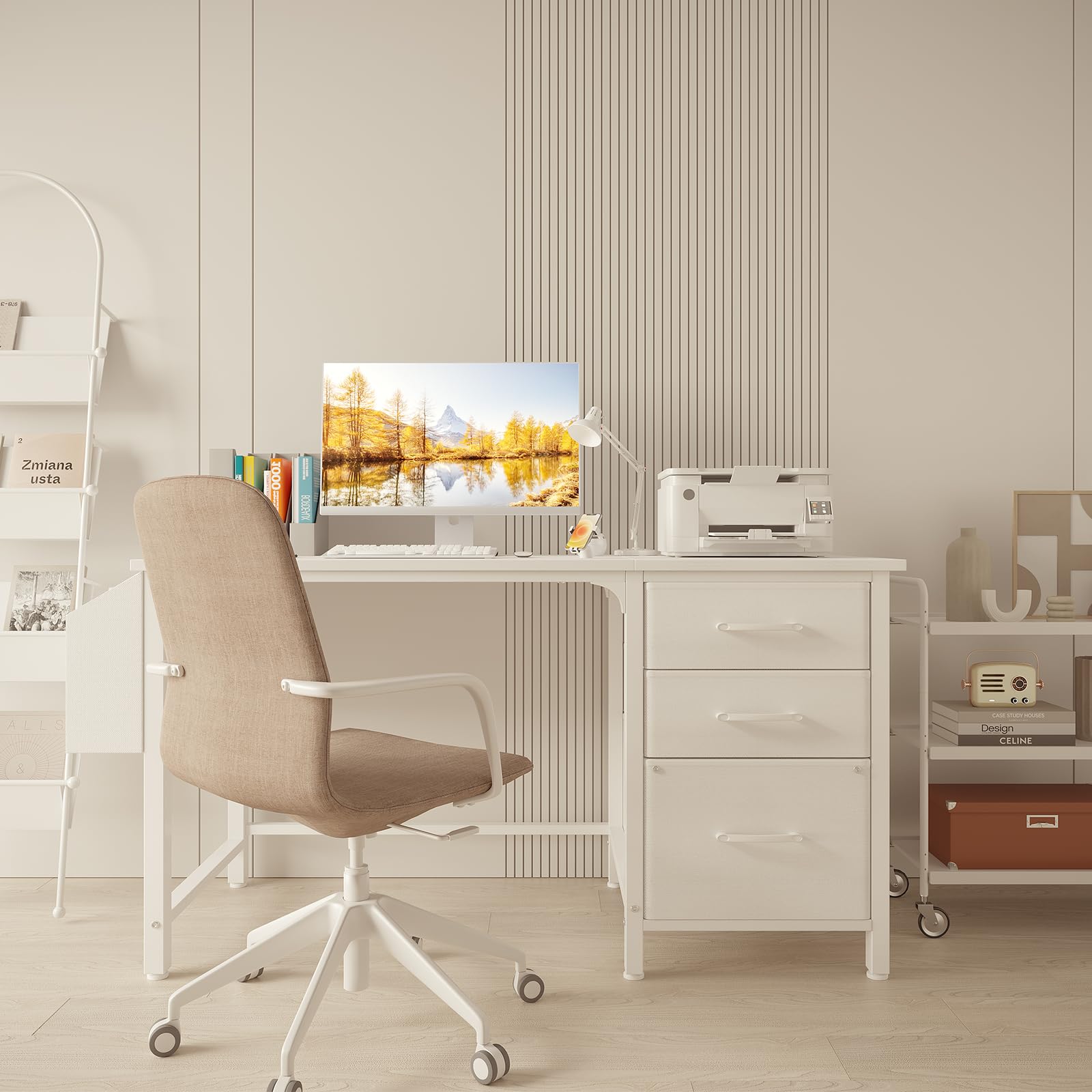 White Computer Desk with Fabric File Drawers Cabinet, 47 Inch Home Office Desks