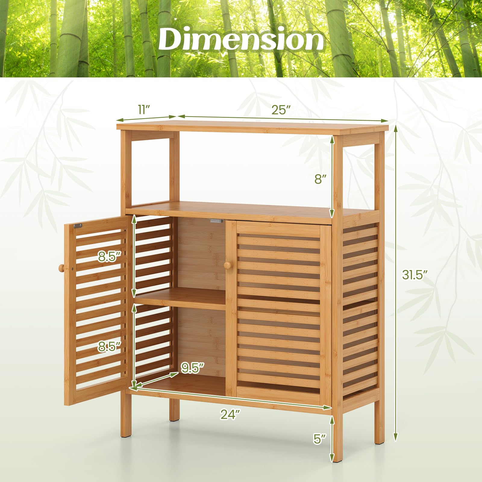 Bamboo Floor Cabinet, Bathroom Storage Cabinet with Double Slatted Doors, Open Shelf,