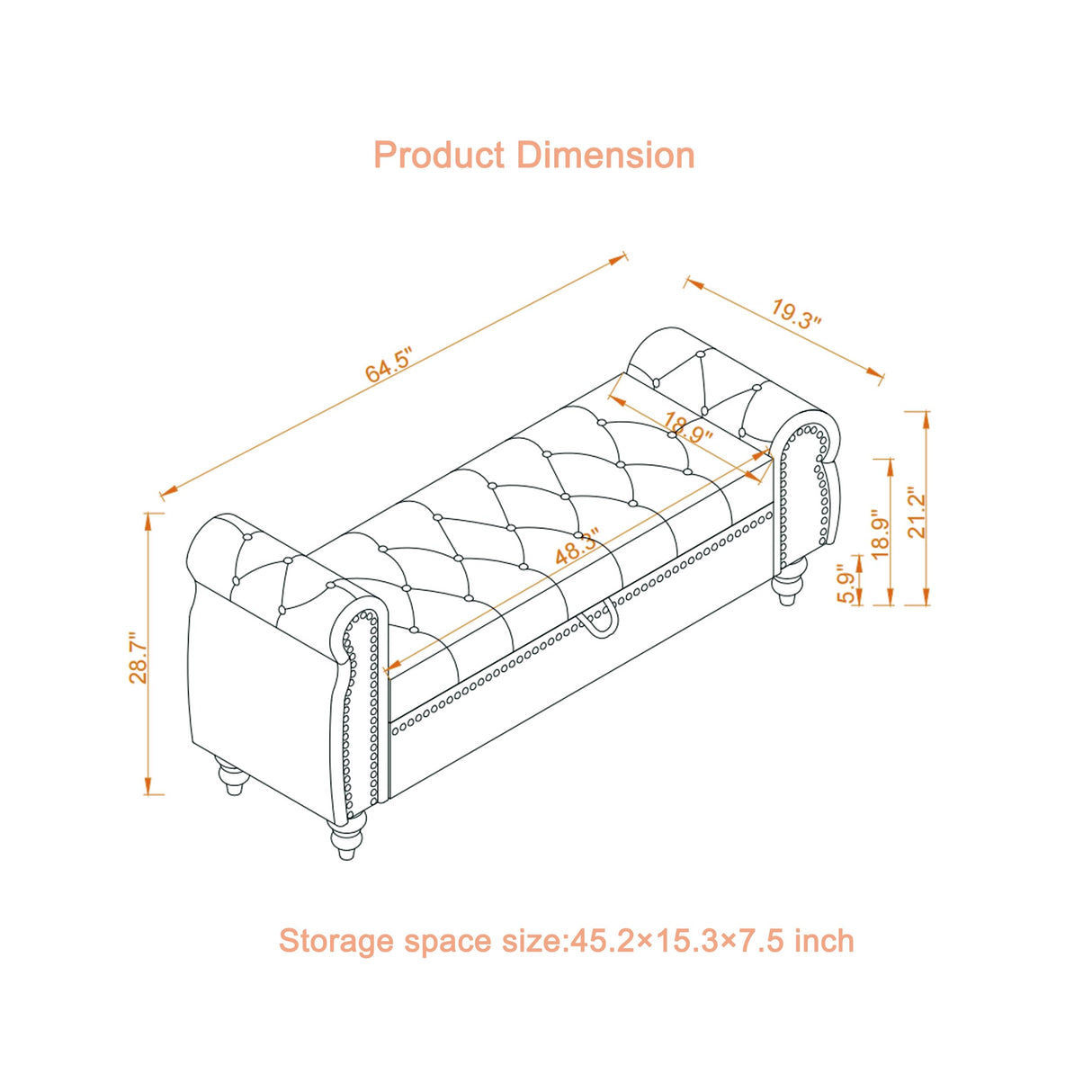 Storage Bench for Bedroom,64.5 inch Length End of Bed Bench with