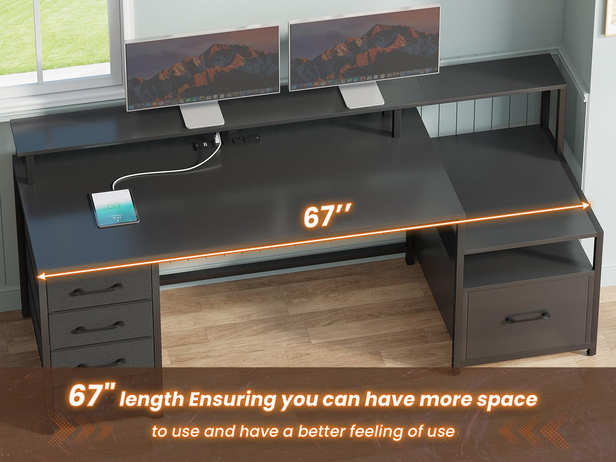 SEDETA Computer Desk with 5 Drawer, Power Outlet & Led Lights, 66'' Home Office Desk with File Drawer, Storage, Monitor Shelf, Gaming Desk, Black