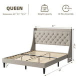 Queen Bed Frame with Charging Station and Wingback Headboard, Button Tufted