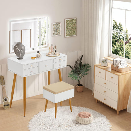 Drawers Vanity Desk with LED Mirror, Makeup Table with with 3 Color Adjustable Mirror,