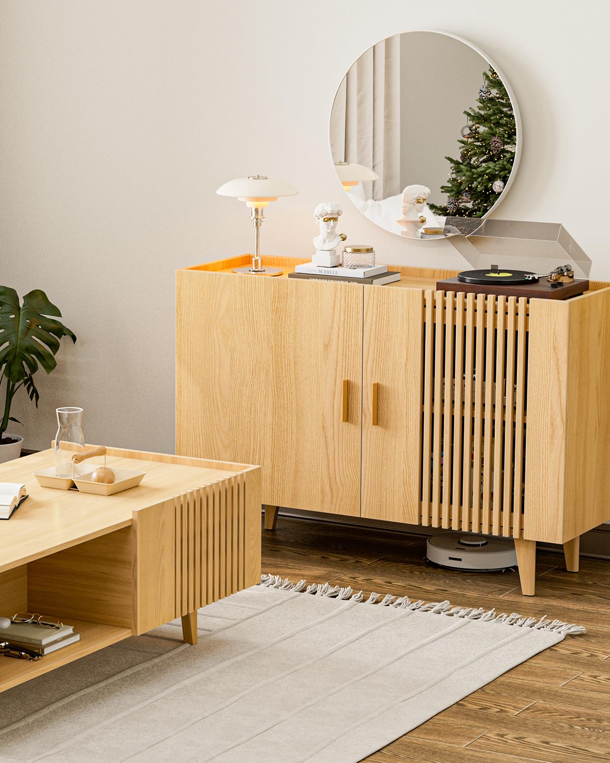 Sideboard Buffet Cabinet, Modern Storage Cabinet with Slatted Door, Kitchen Buffets