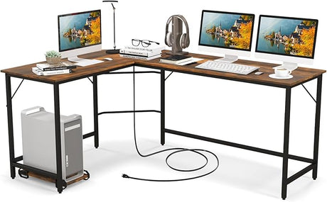 Tangkula L-Shaped Office Desk with CPU Stand, L Shaped Corner Desk with Power Outlets, USB Ports, Sturdy Metal Frame, Space-Saving Computer Desk for Home, Office, Gaming Desk, Computer Workstation