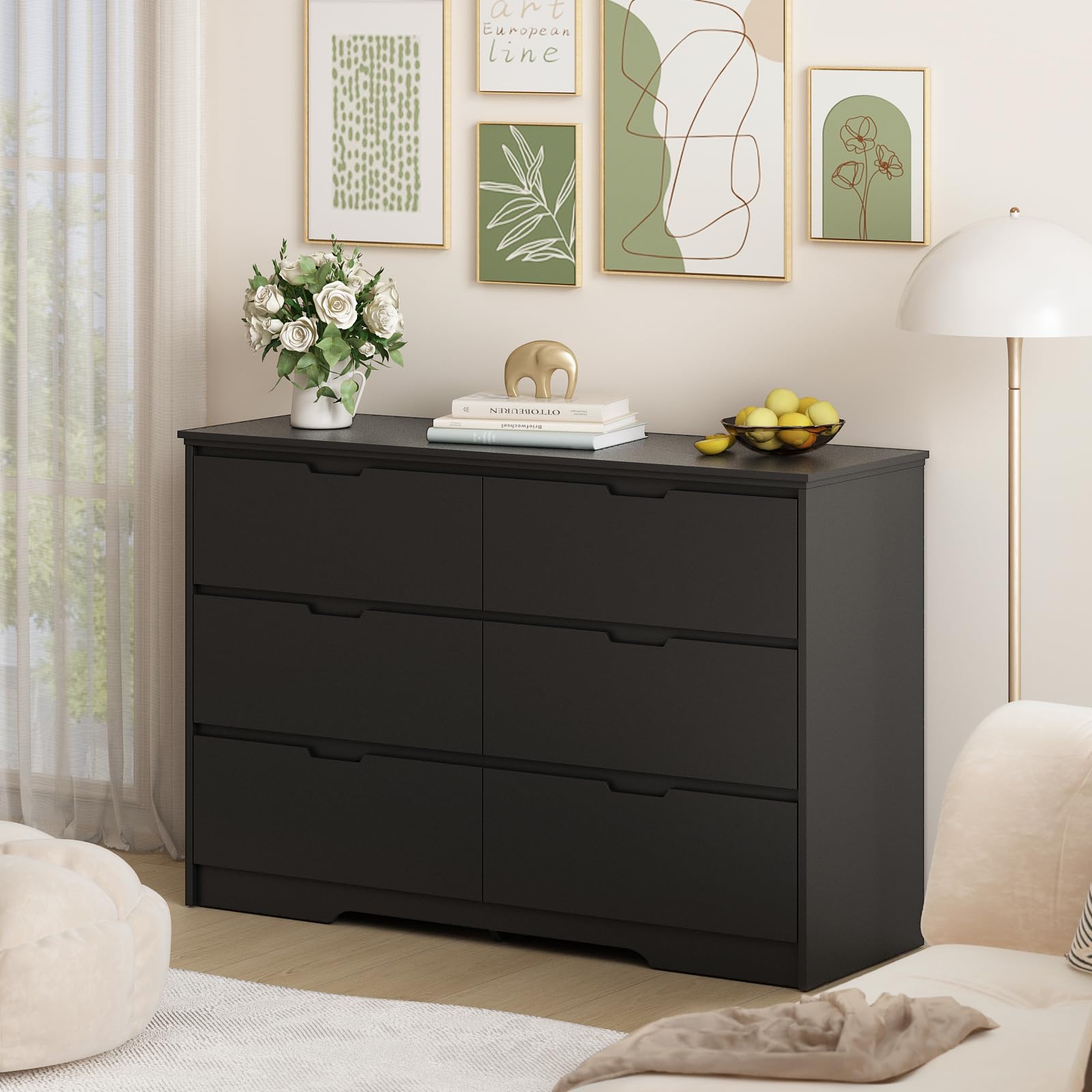 Black Dresser for Bedroom, 6 Drawer Dresser