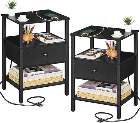 Nightstand with Charging Station and USB Ports, 3-Tier Storage End Table with Drawer Shelf