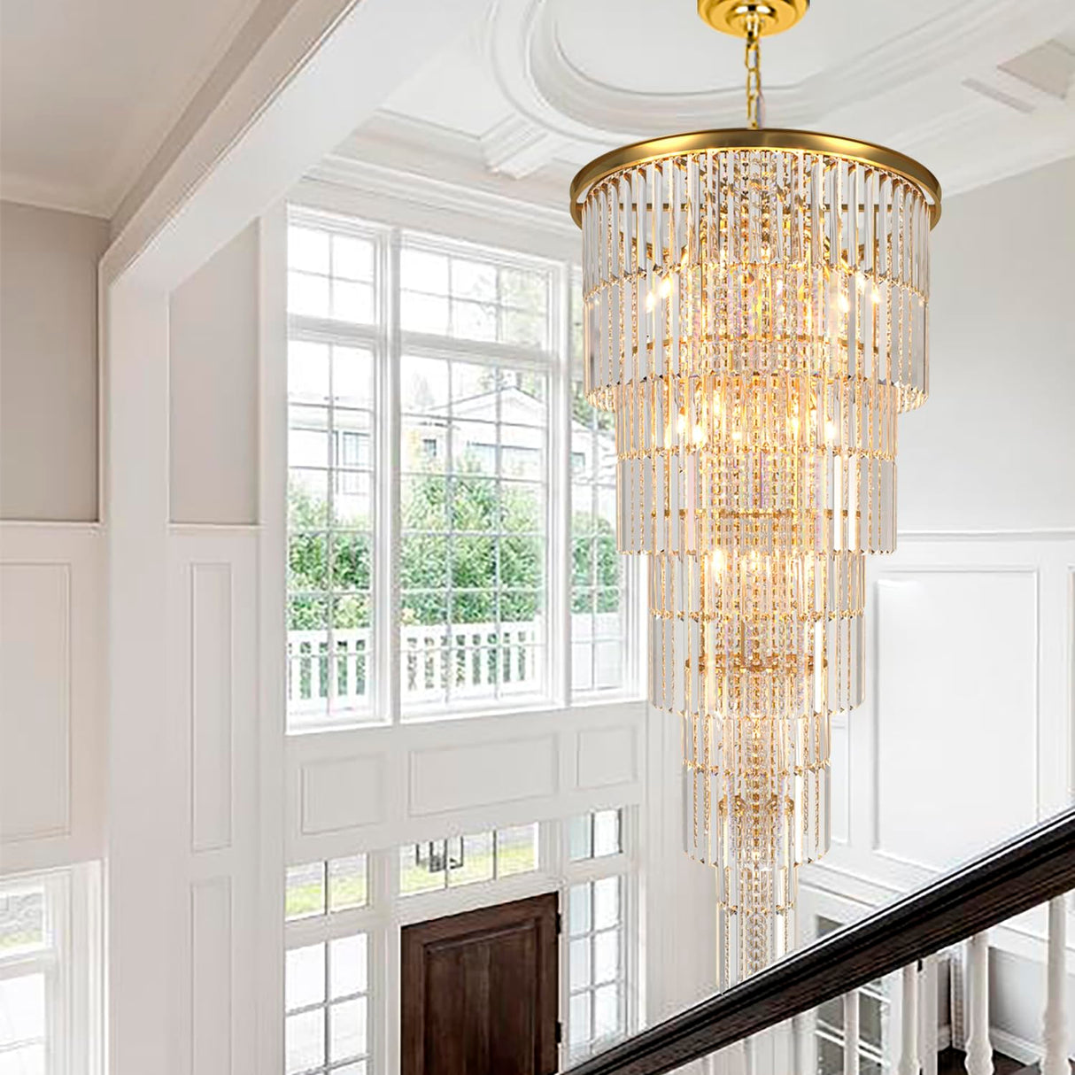 Large Long Crystal Chandelier for High Ceiling, 37-Lights Modern Gold Big Foyer Entrance Crystal