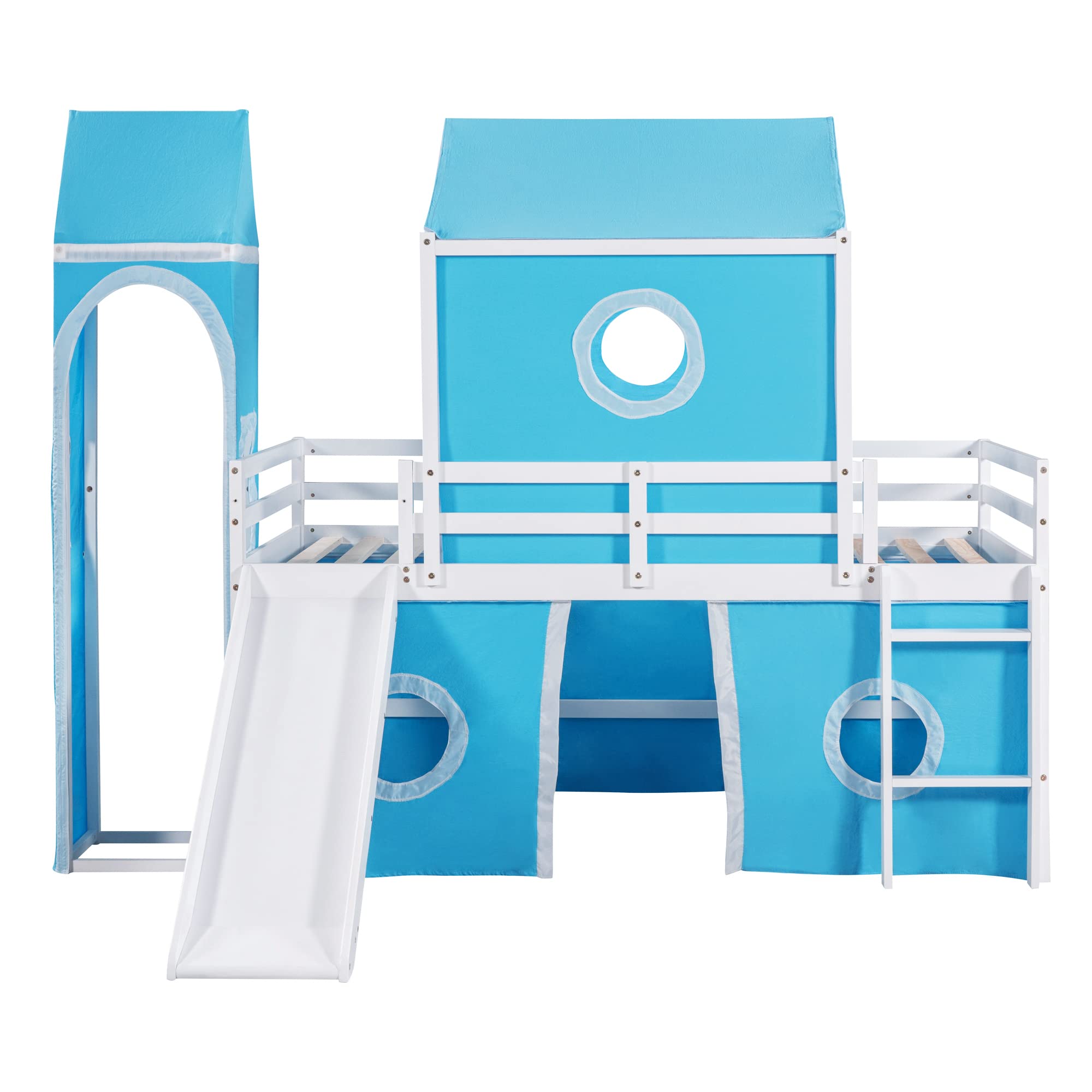 Twin Size Low Loft Bed with Slide & Curtains and Tower, Solid Wood Loft Bed Frame with Tent, Twin Over