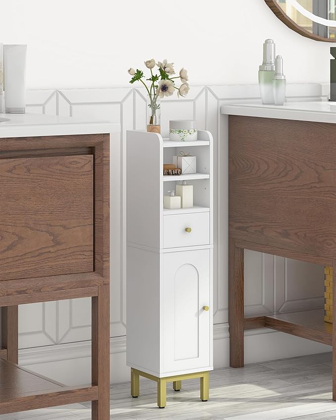 Bathroom Storage Cabinet, Corner Floor Cabinet with Drawers and Doors, Narrow Toilet
