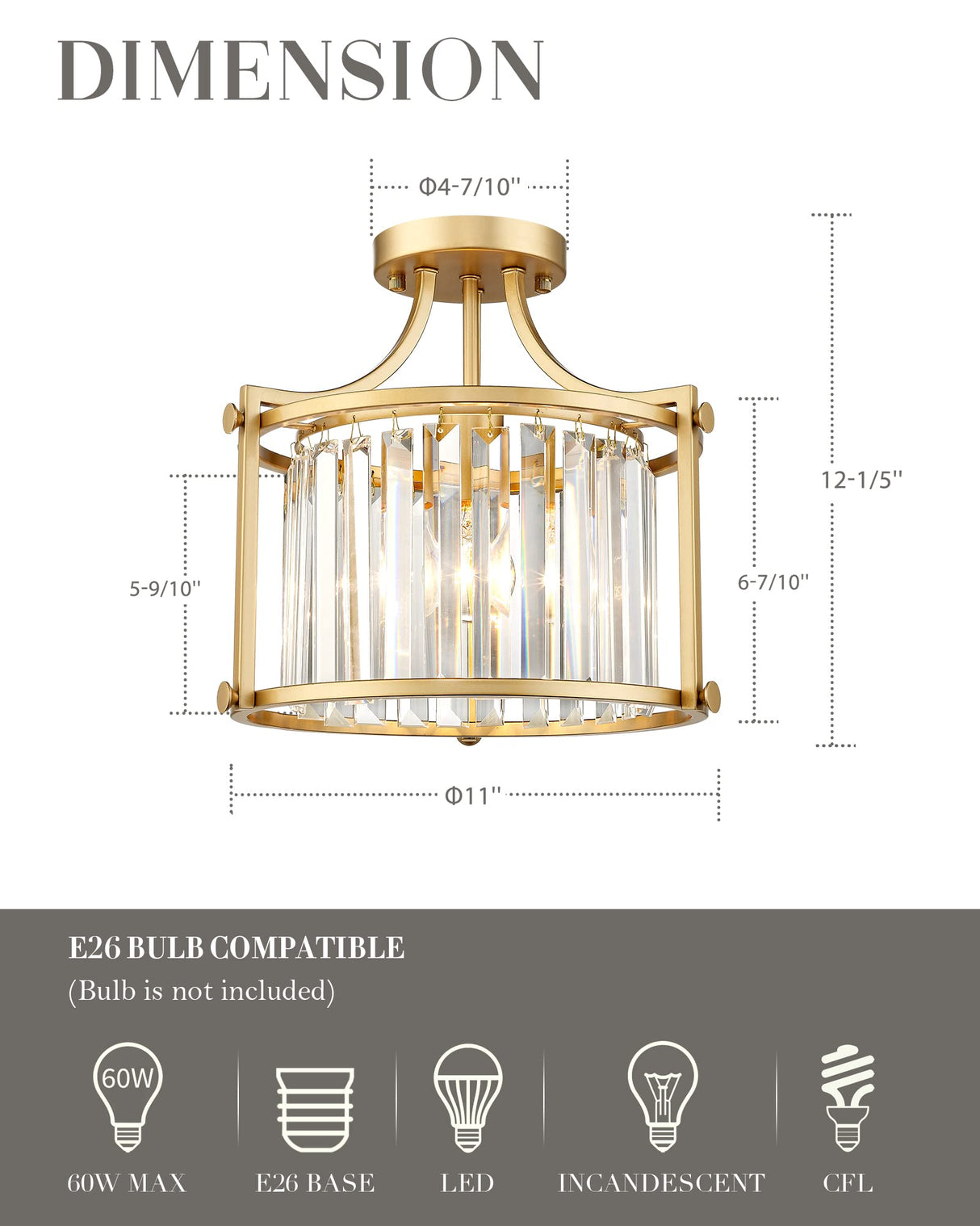 Crystal Semi Flush Mount Chandelier, 11'' Gold Ceiling Light, Modern Flush Mount Light