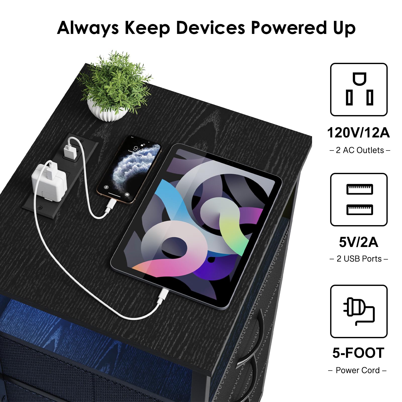 Night Stand with Charging Station, LED Nightstand with USB Ports and Outlets