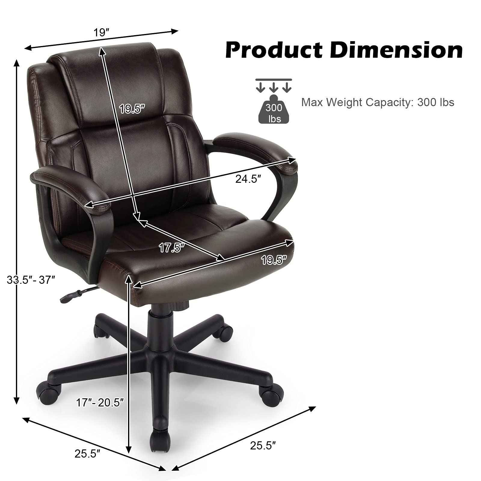 Ergonomic Mid Back Executive Chair - Brown Leather Office Chair with Adjustable Height