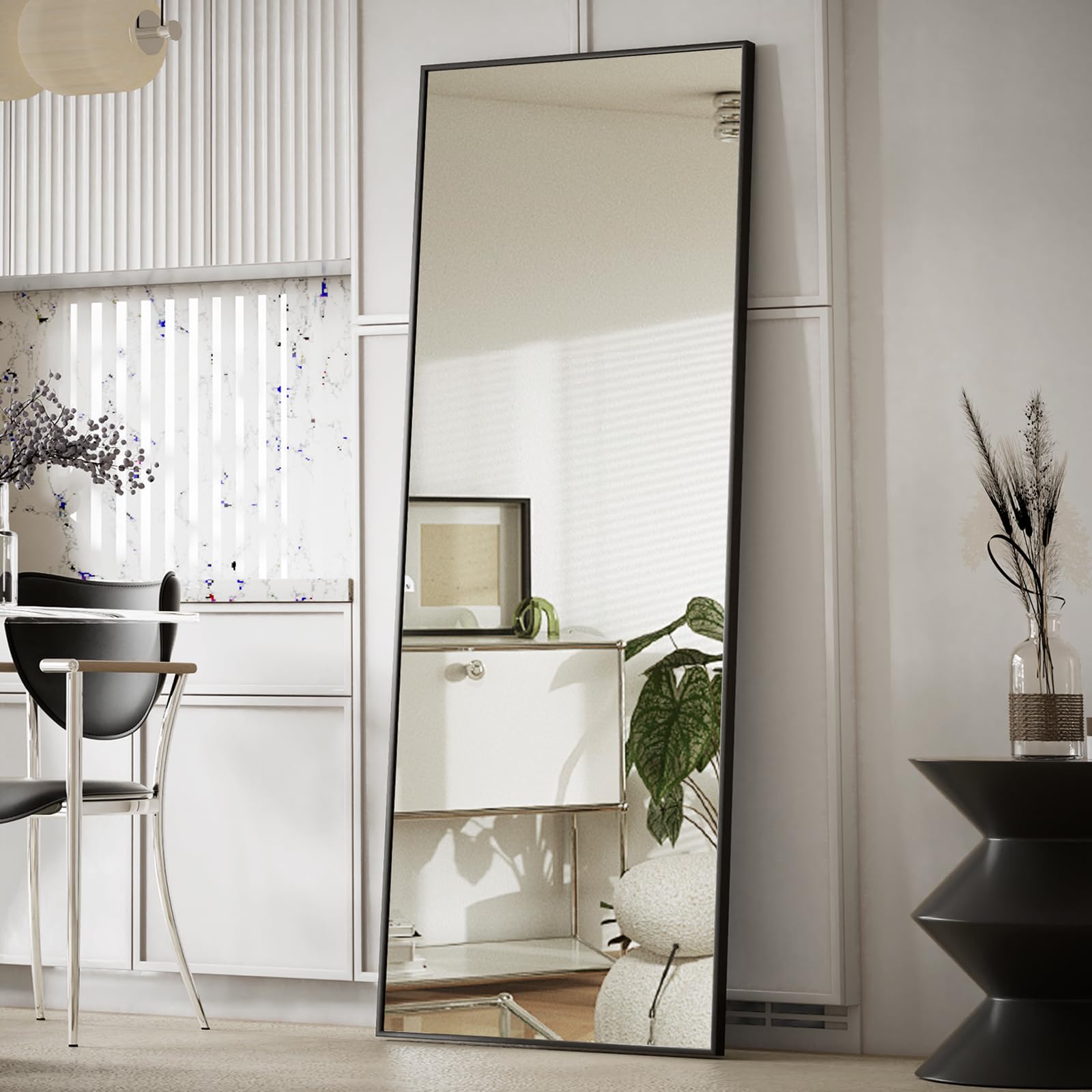 Floor Mirror Full Length, Bedroom Floor Body Mirror with Stand, Black Mirror,