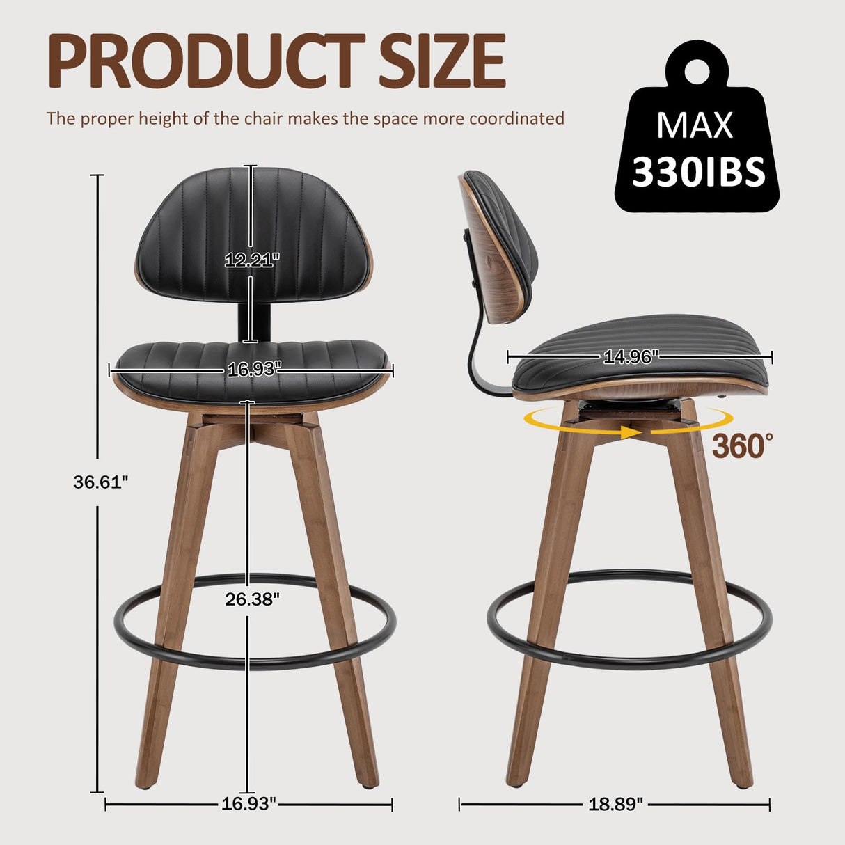 Modern Bar Stools Set of 2,Swivel Counter Stools with Backs,26'' Leather Kitchen Island Chairs