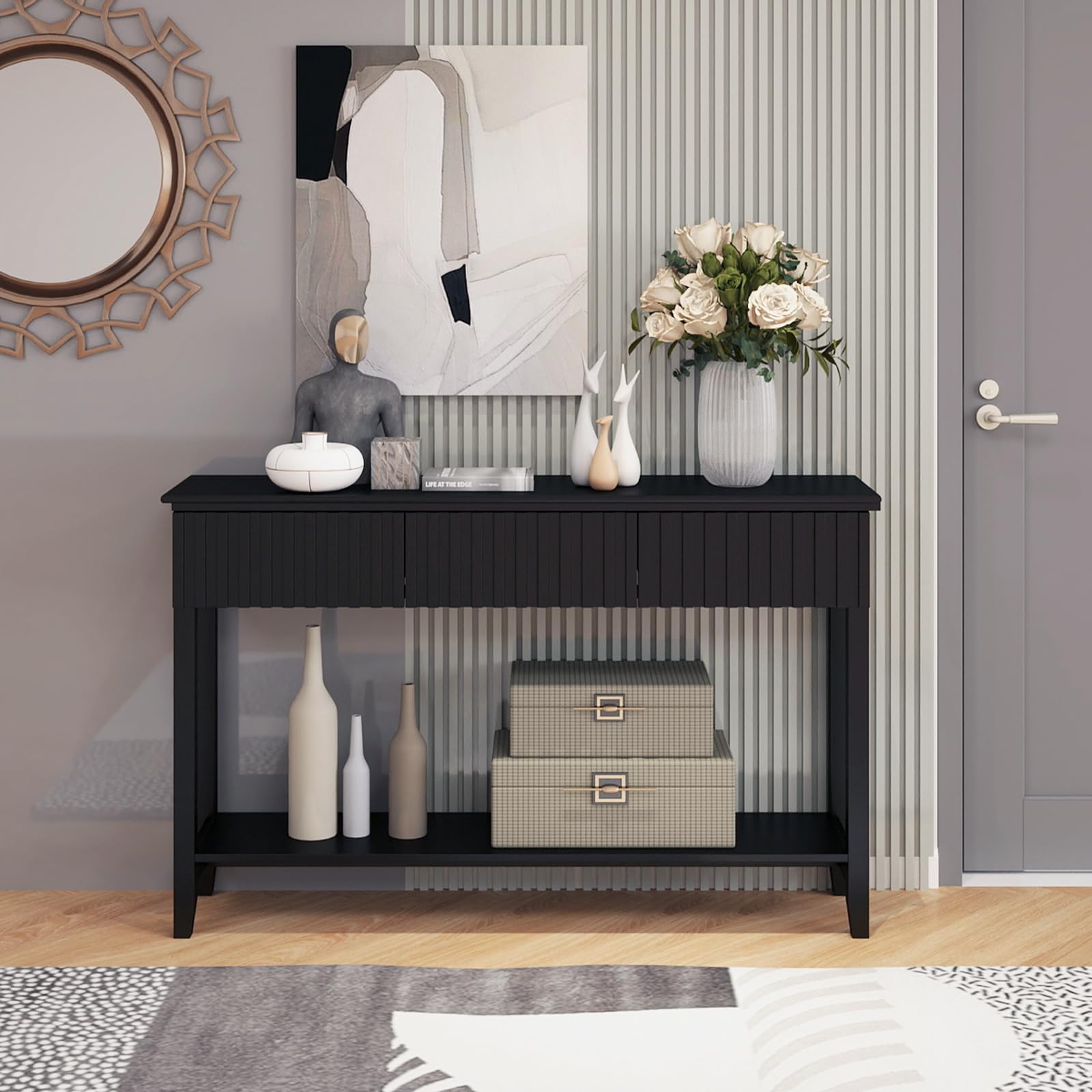 Black Fluted Console Table with 3 Drawers