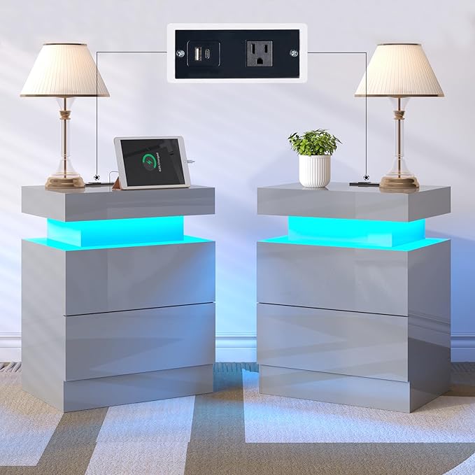 Nightstand Set of 2 with Charging Station and LED Light, Modern Side Table with 2 Drawers and Open