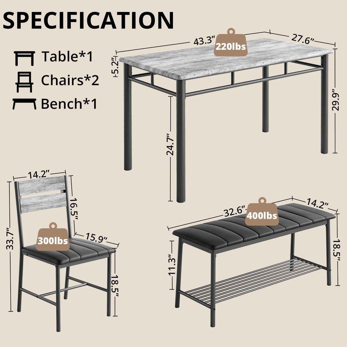 Table Set for 4, Kitchen Table with Upholstered Bench and 2 Chairs, Kitchen Table