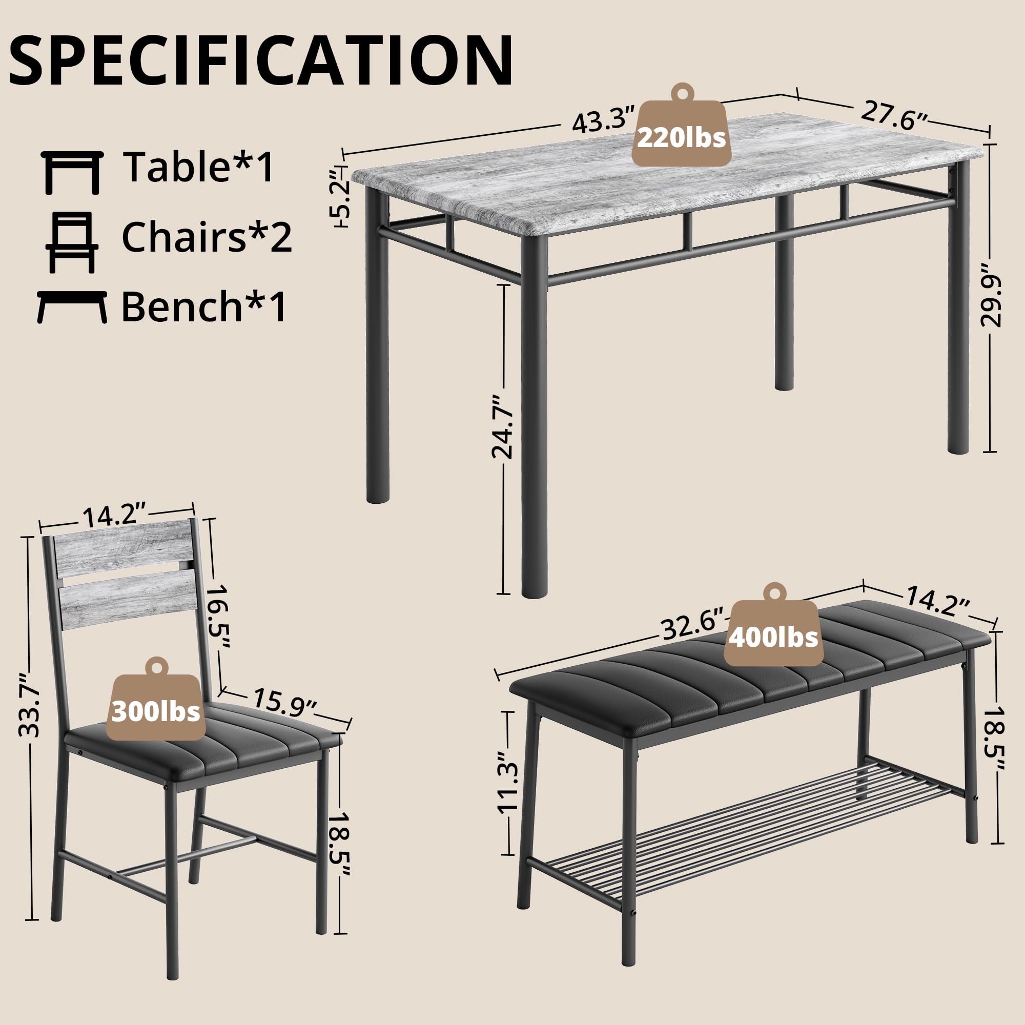 Table Set for 4, Kitchen Table with Upholstered Bench and 2 Chairs, Kitchen Table