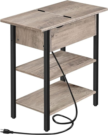 End Table with Charging Station, Narrow Side Table, Flip Top Nightstand with USB Ports