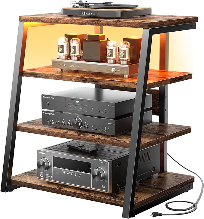 4-Tier AV Media Stand with Power Strips, Corner TV Stand with LED Lights