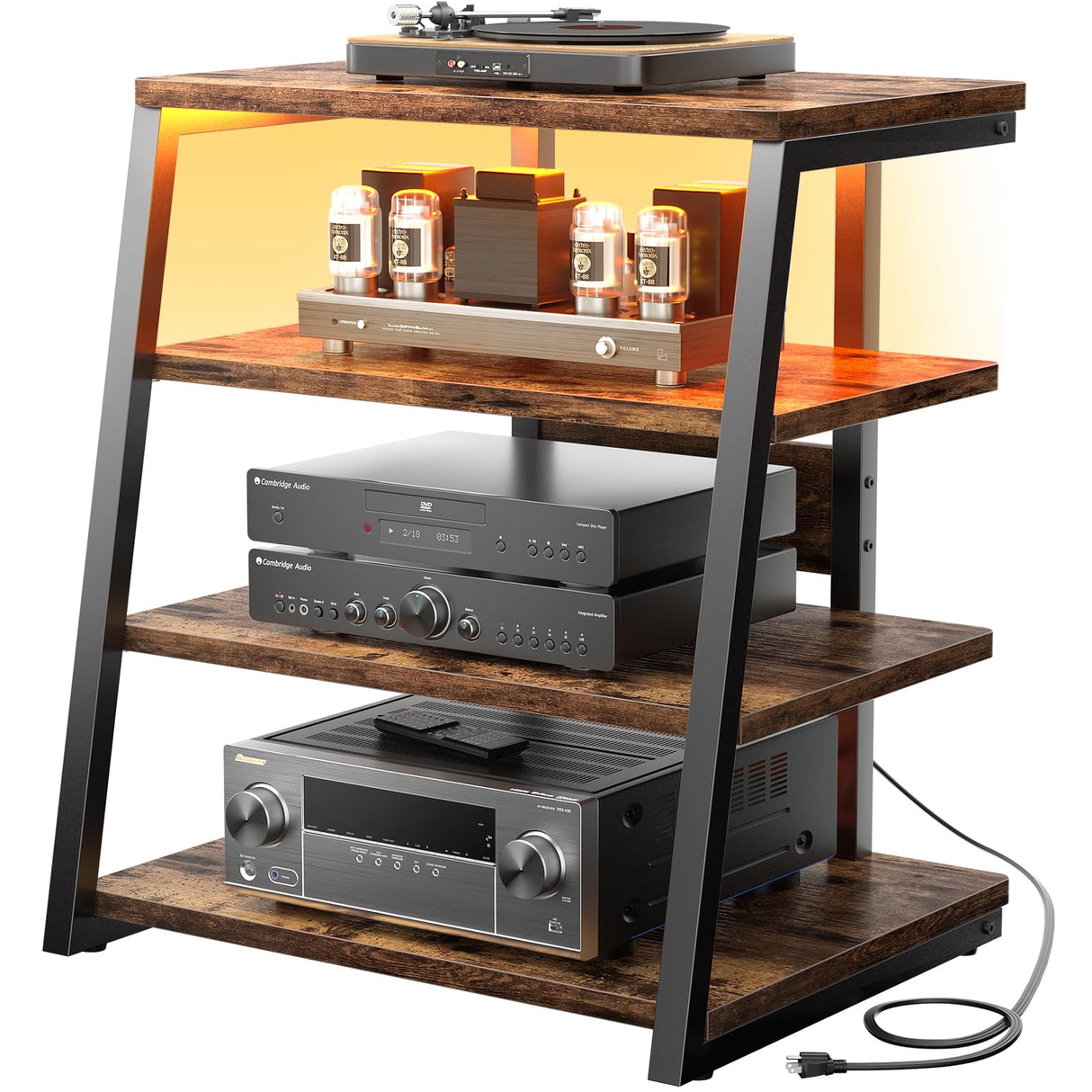 4-Tier AV Media Stand with Power Strips, Corner TV Stand with LED Lights