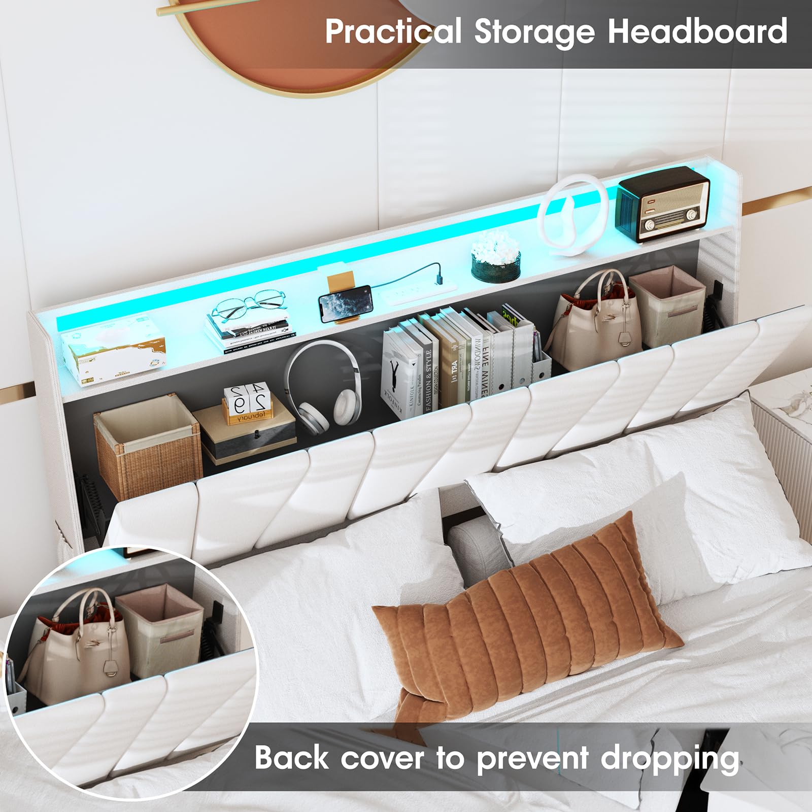 Full Size Platform Bed with Storage Headboard & LED Lights