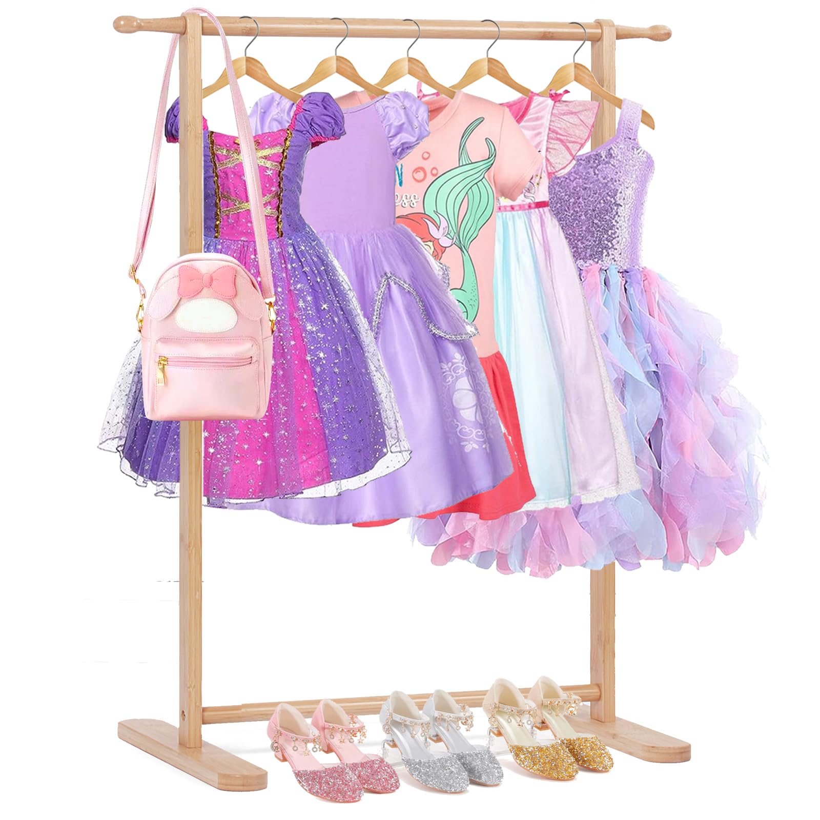 Bamboo Kids Clothing Rack with Dual Poles, Child Dress Up Rack, Clothing Organizer Rack