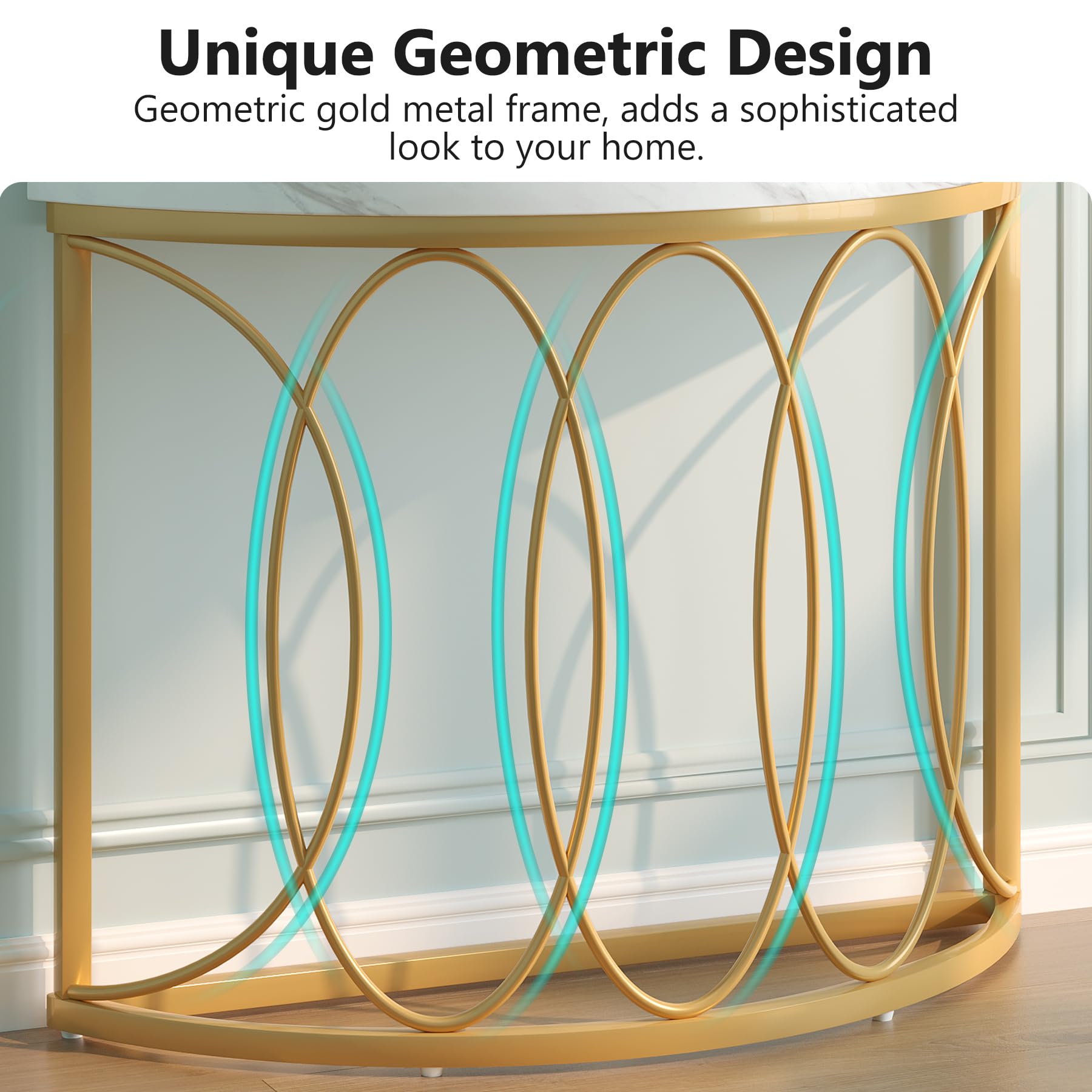 Half Moon Gold Console Table, 43 Inch Modern Faux Marble Entryway Table,