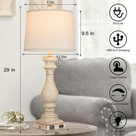 Cinkeda 29" Tall Table Lamp for Living Room Set of 2,Vintage Bedside Nightstand Lamps with USB C+A Ports & AC Outlet,3-Way Dimmable Touch Control White Washed Finish Desk Lamp for Bedroom,Color 1