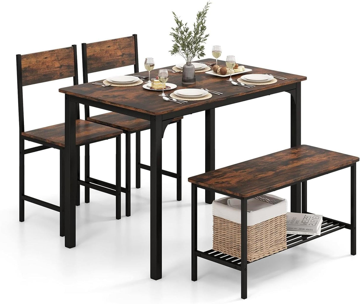 Moccha Dining Table Set for 4, Wooden Kitchen Table with with 2 Chairs