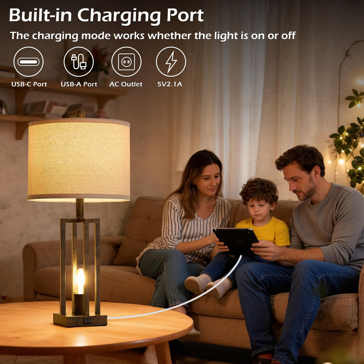 26.6" Farmhouse Table Lamps Set of 2 with USB Ports & Outlet