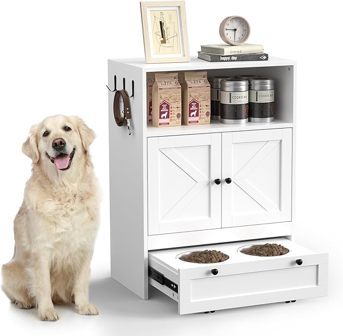 Dog Feeding Station with Storage Cabinet & 2 Raised Bowls
