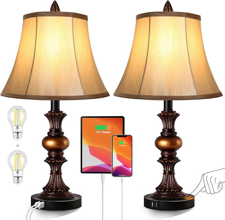 Traditional Table Lamp Set of 2, Vintage Bedside Lamps with 3 Color Temperatures LED Bulbs