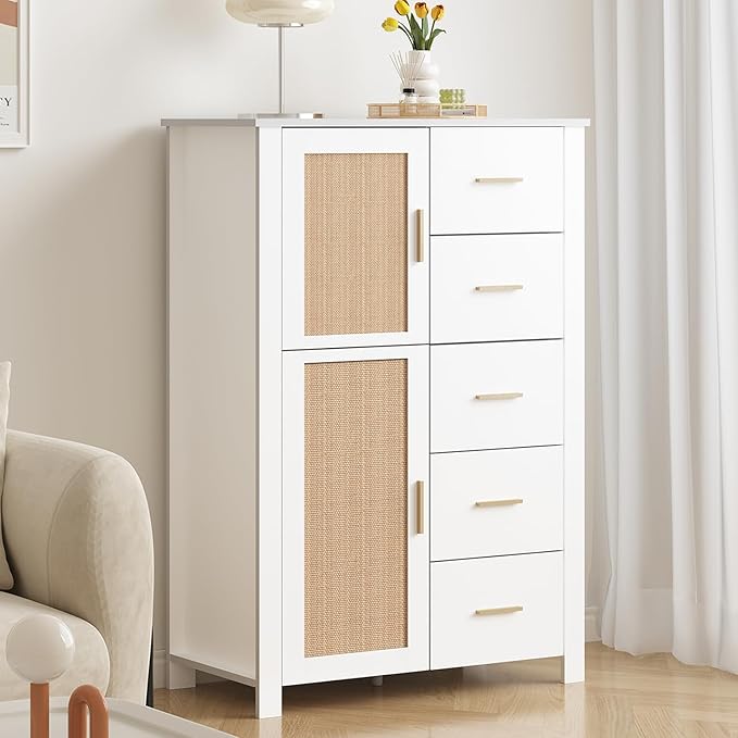 Rattan Storage Cabinet, Farmhouse Sideboard Buffet Cabinet with Door and 5 Drawers