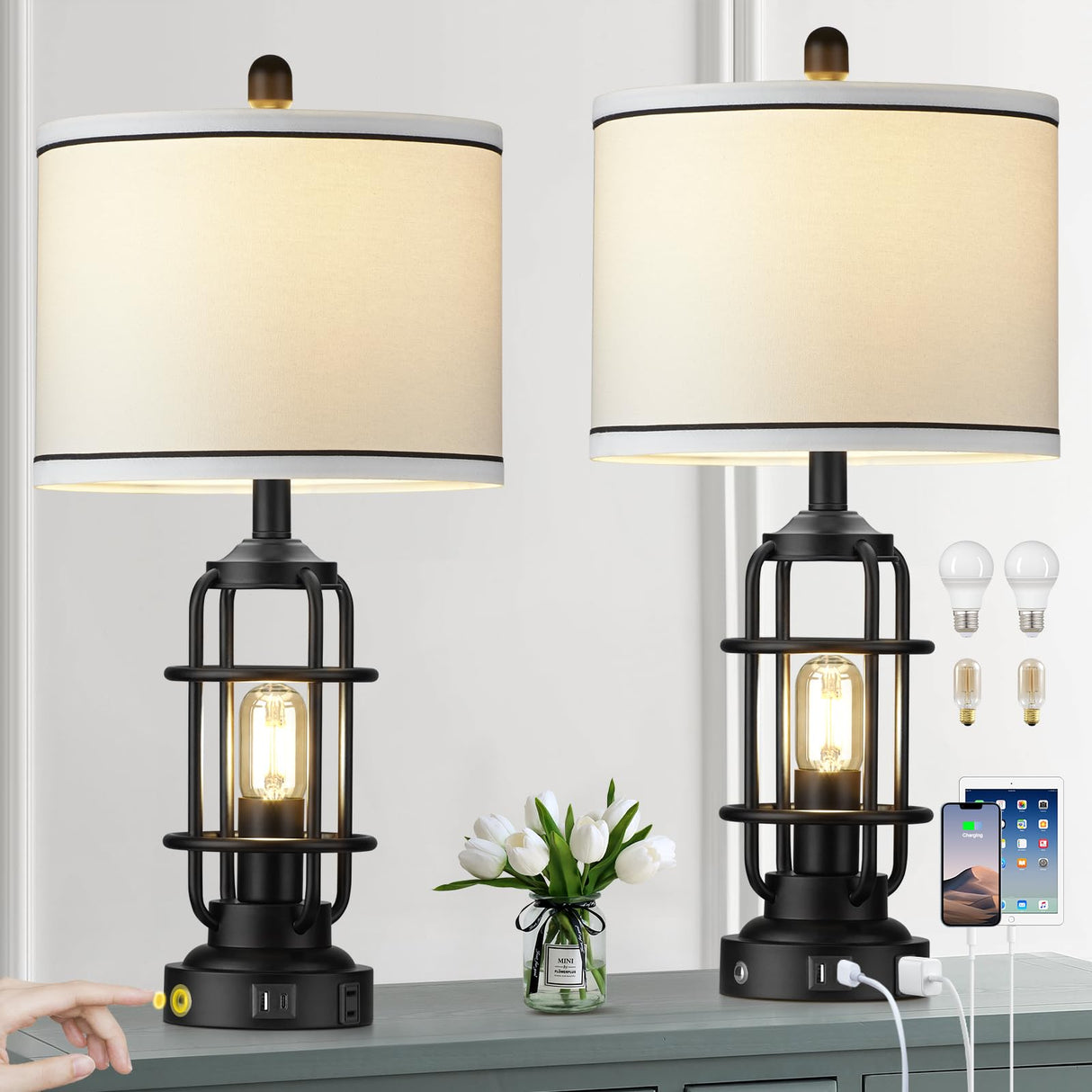 Modern Table Lamps, Industrial 3-Way Dimmable Bedside Lamp