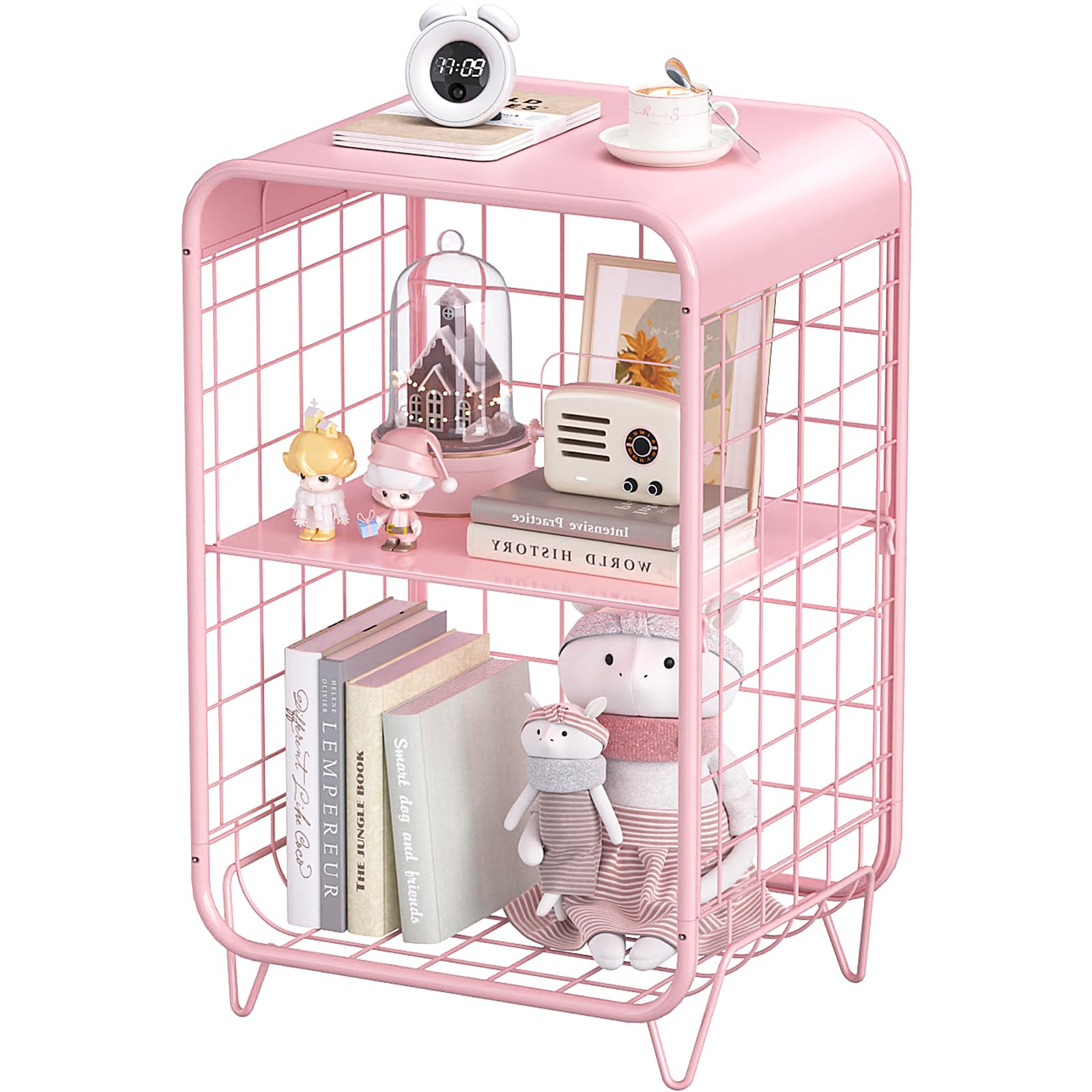 Table,Cute Pink Nightstand,3 Tier End Table with Storage,Vintage Bedside Table,Girls