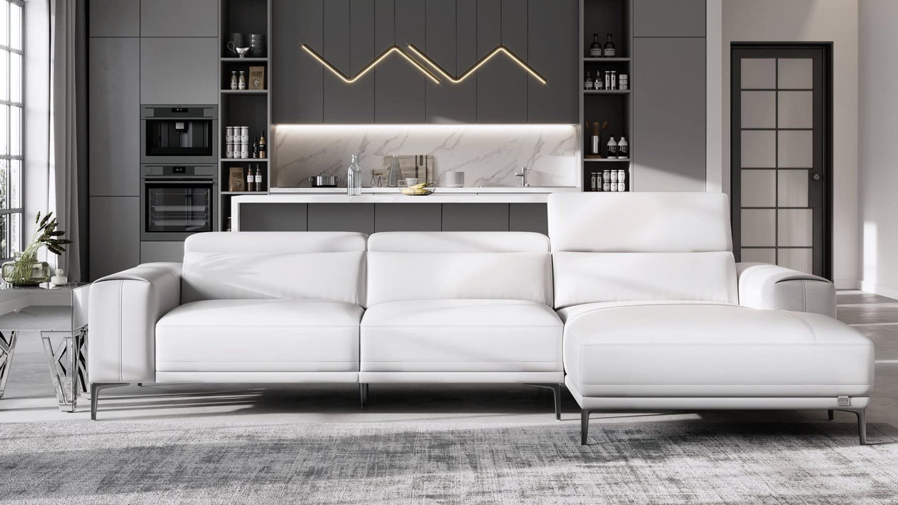 Rousso Leather Sofa with Ratcheting Headrests - Right Chaise - White
