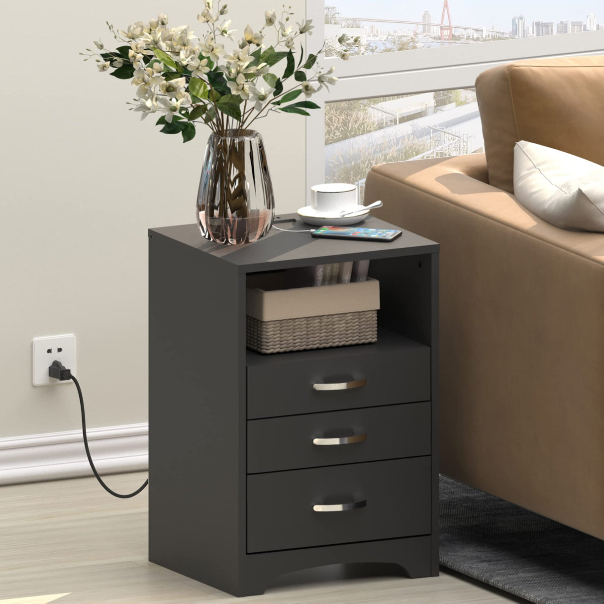 3 Drawers Black Nightstand with Charging Station, Side Table with Open Storage Bedside