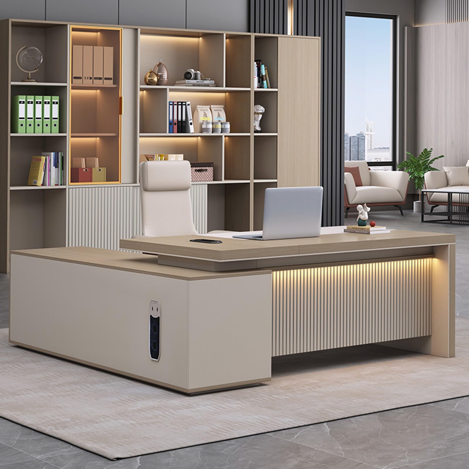 Office Table with Cabinet Wood Office Desk with Light Strip, L Shaped Executive Desk