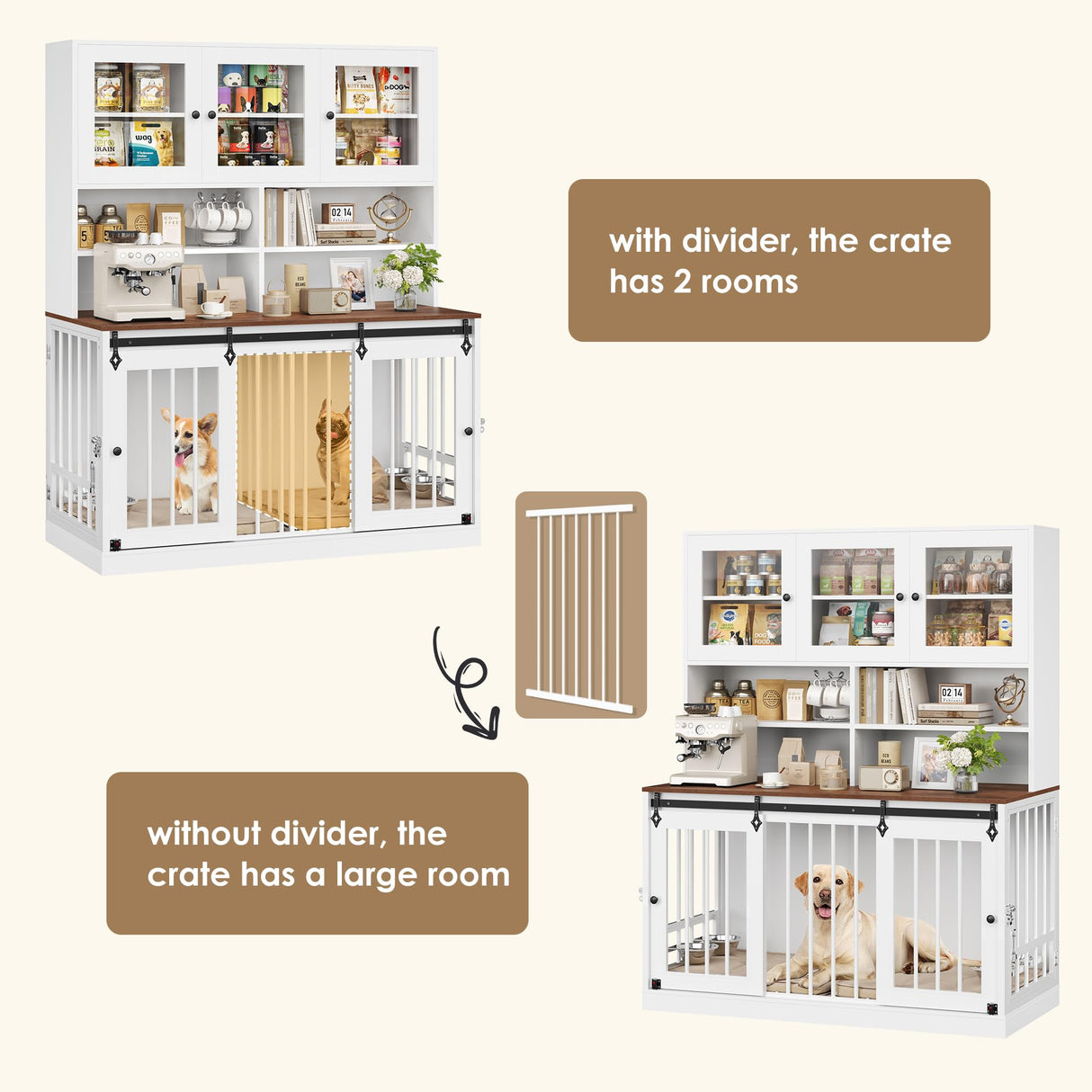 Large Dog Crate Furniture with Hutch - 71"H x 55"L Indoor Kennel