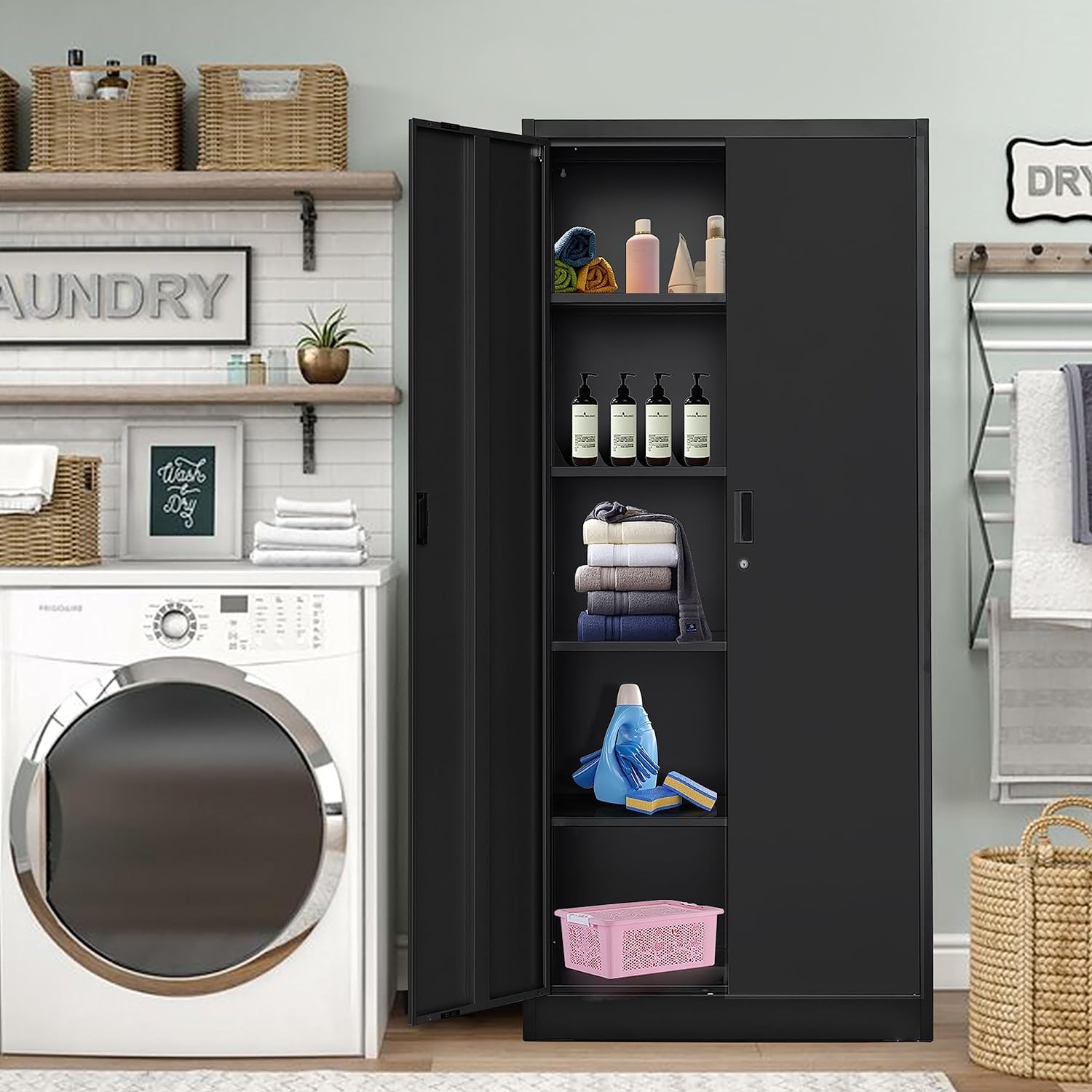 Metal Storage Cabinet with 5 Adjustable Shelves, Pantry Cabinet with 2 doors