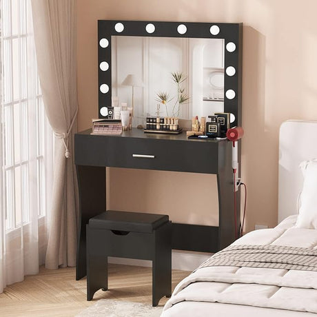 Desk with Mirror and 12 Lights 3 Color Modes, White Vanity Table for Bedroom