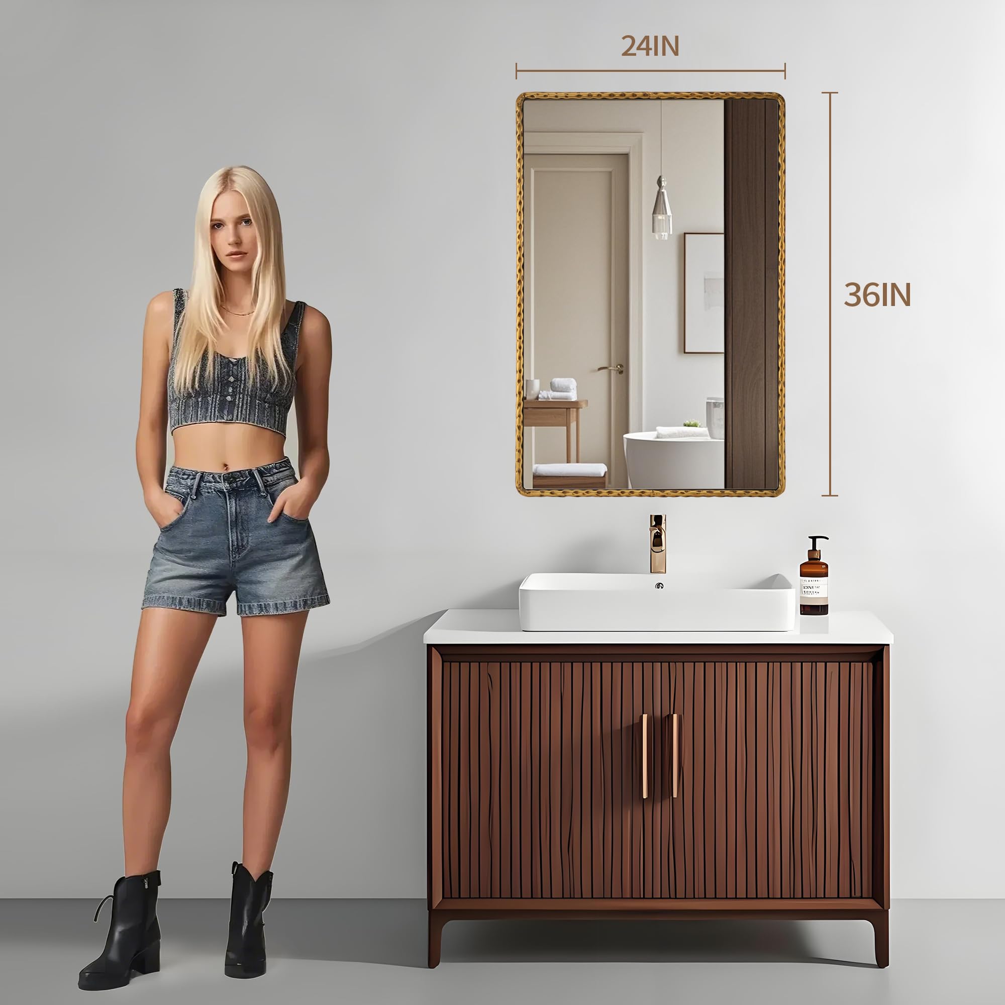 Rectangle Bathroom Mirror with Rounded Corner - Antique Gold Hammered Metal Frame 24x36