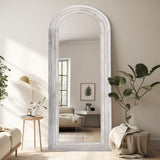 Arched Full Length Mirror with Solid Wood Frame, 65x22 Farmhouse Wall Mirror Full Length with Stand, Vertical Hanging, Leaning Standing for Bedroom, Living Room, Rustic White